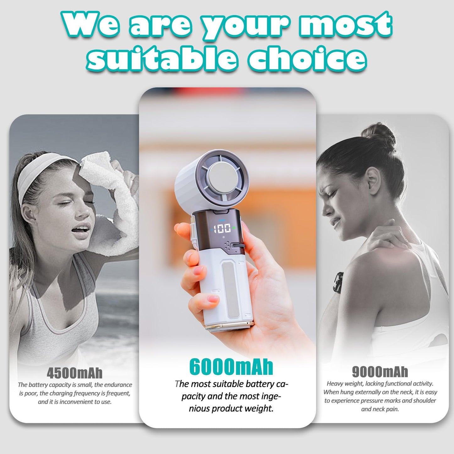 SKEKECIE Portable Handheld Turbo Fan with Ice Cooling,6000mAh Rechargeable Personal Fan,100 Speed Wind, Power for Phone with built-in Type-C, LED