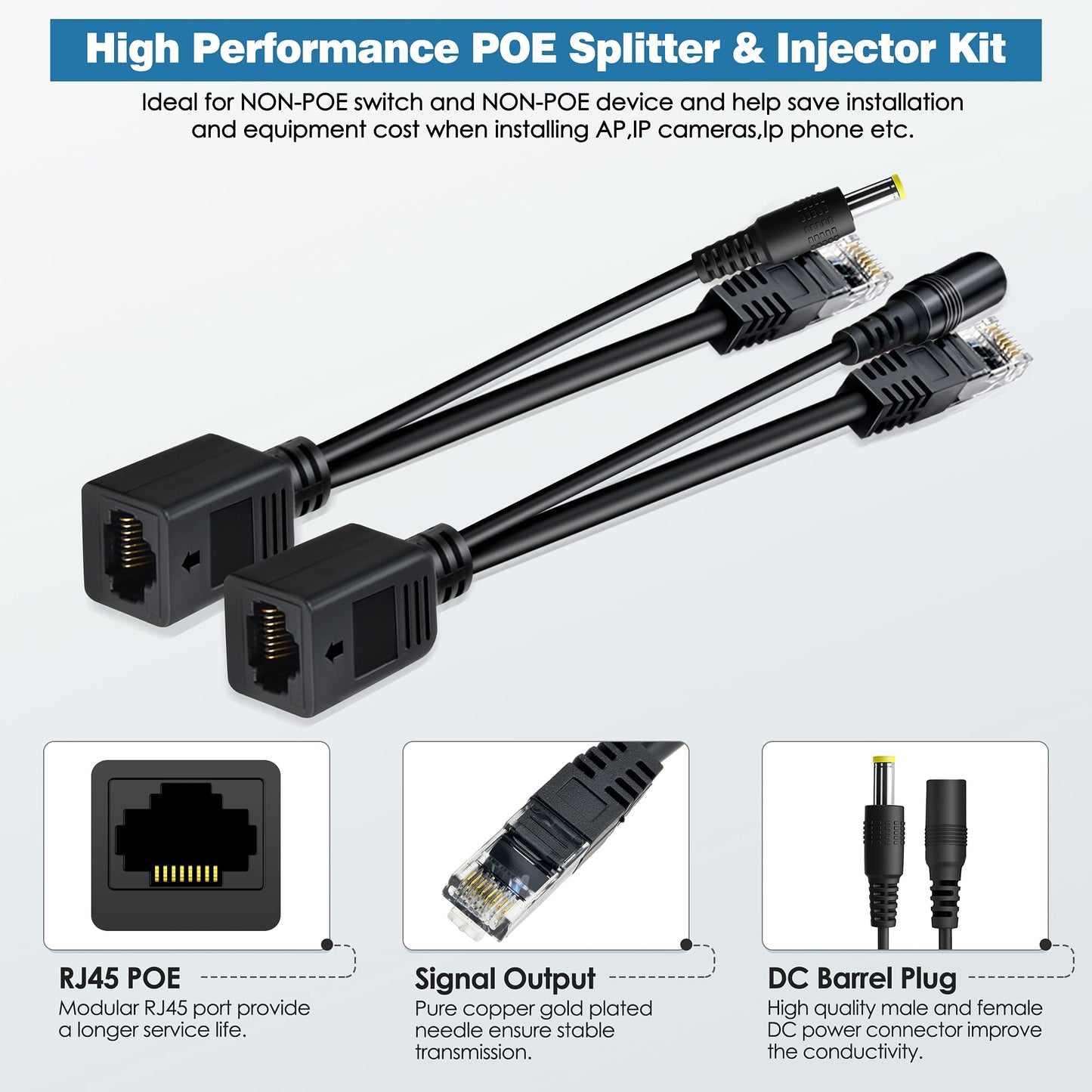 PwrON Passive PoE Injector and PoE Splitter Kit with 5.5x2.1 mm DC Connector Adaptor Connector RJ45 for Non-POE Switch and Non-POE Device