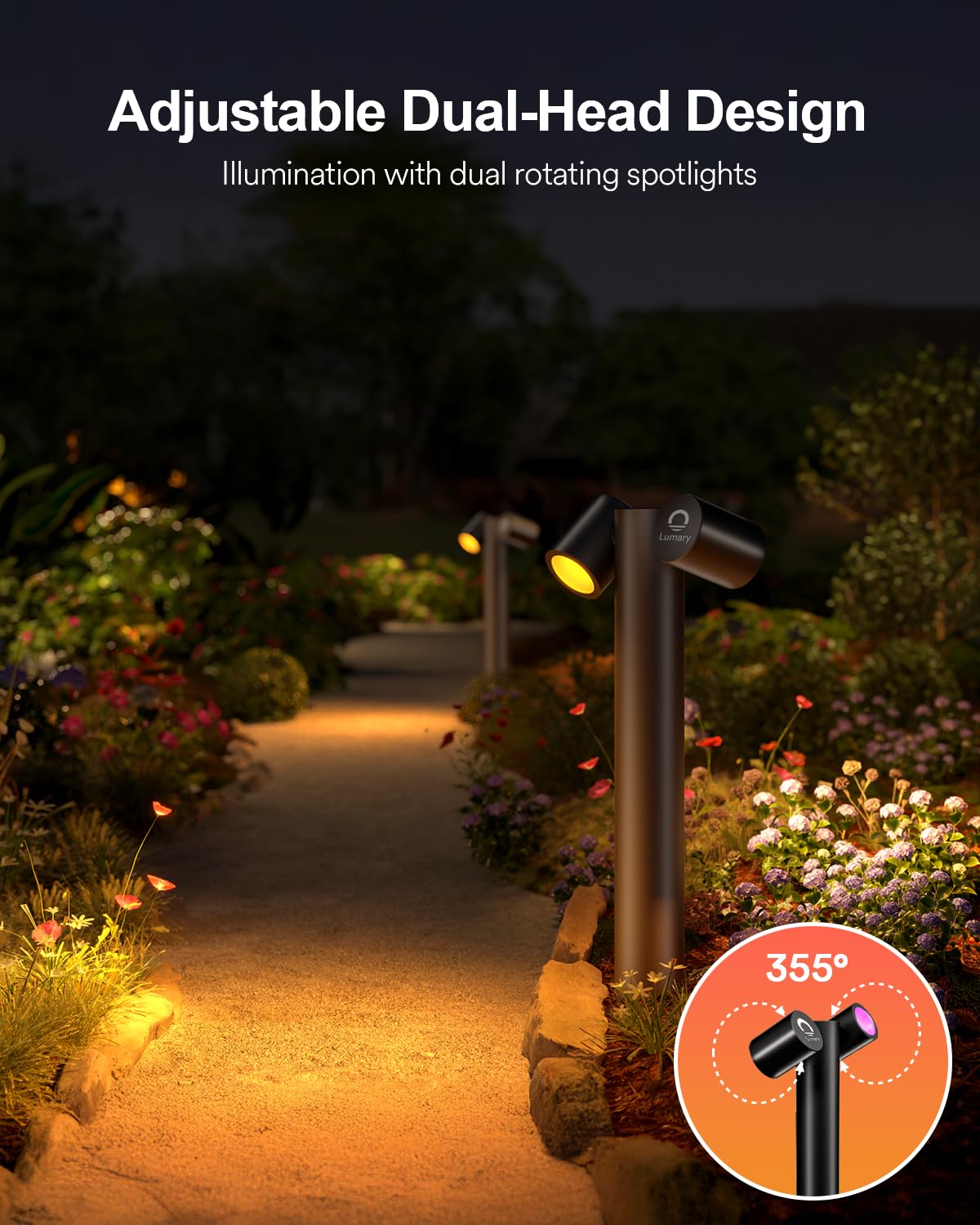 Lumary Smart Pathway Lights Pro 700LM, RGBAICW Color Changing Landscape Lights with 8 Adjustable 355° Spot Lights IP65 Waterproof, 48FT Wired Outdoor