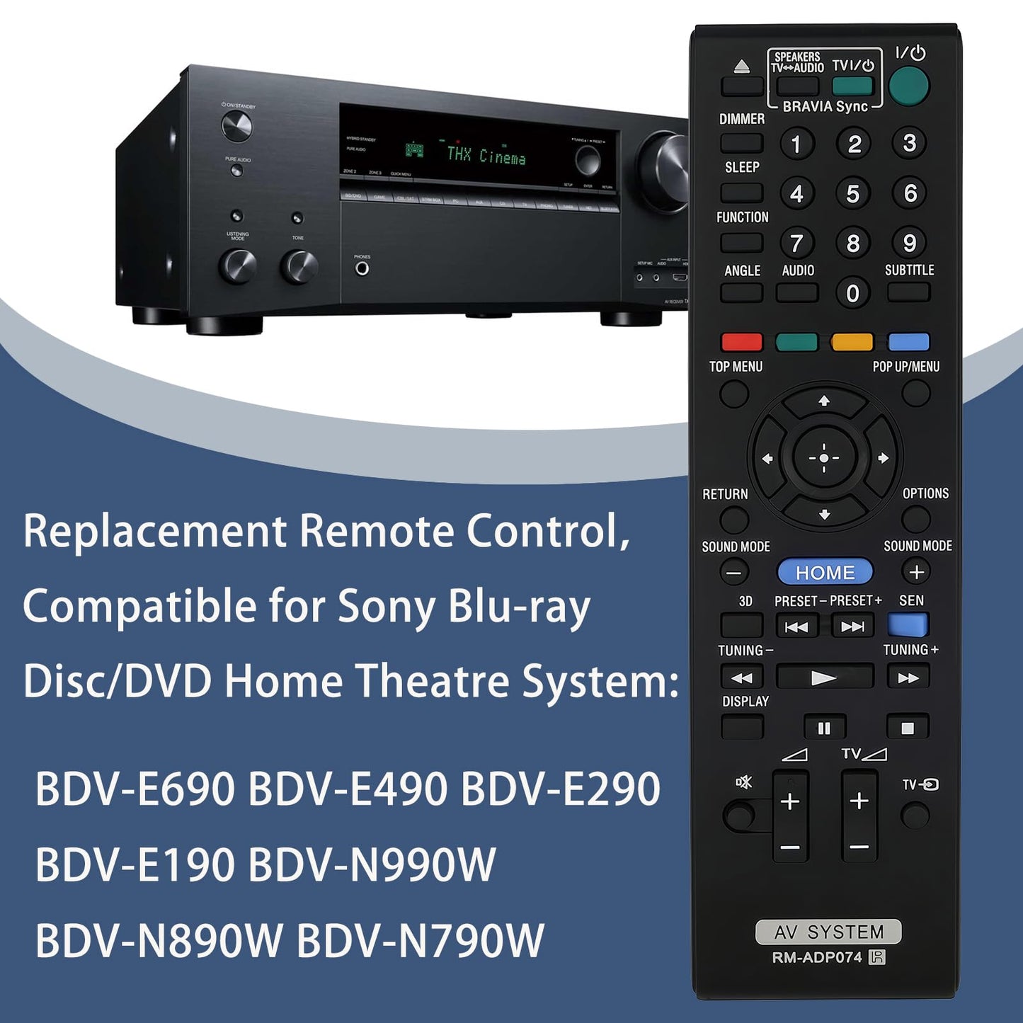 RM-ADP074 Sub RM-ADP073 Replacement Remote Fit for Sony Blu-ray Disc/DVD Home Theatre System BDV-E690 BDV-E490 BDV-E290 BDV-E190 BDV-N990W BDV-N890W
