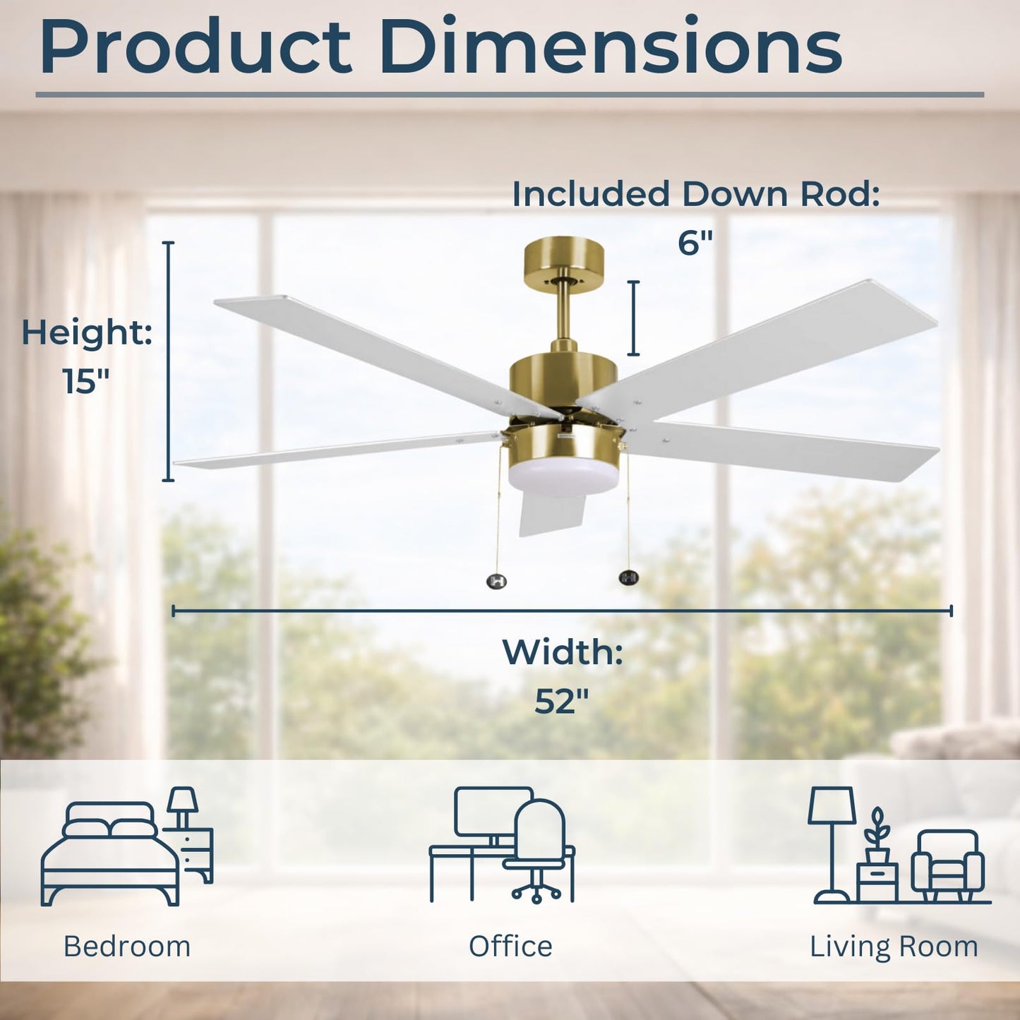 HOMEnhancements 52 Inch Ceiling Fan with Light Modern Champagne Gold Ceiling Fan with Pull Chain for Bedroom Living Room 3 Color Temprature LED Light