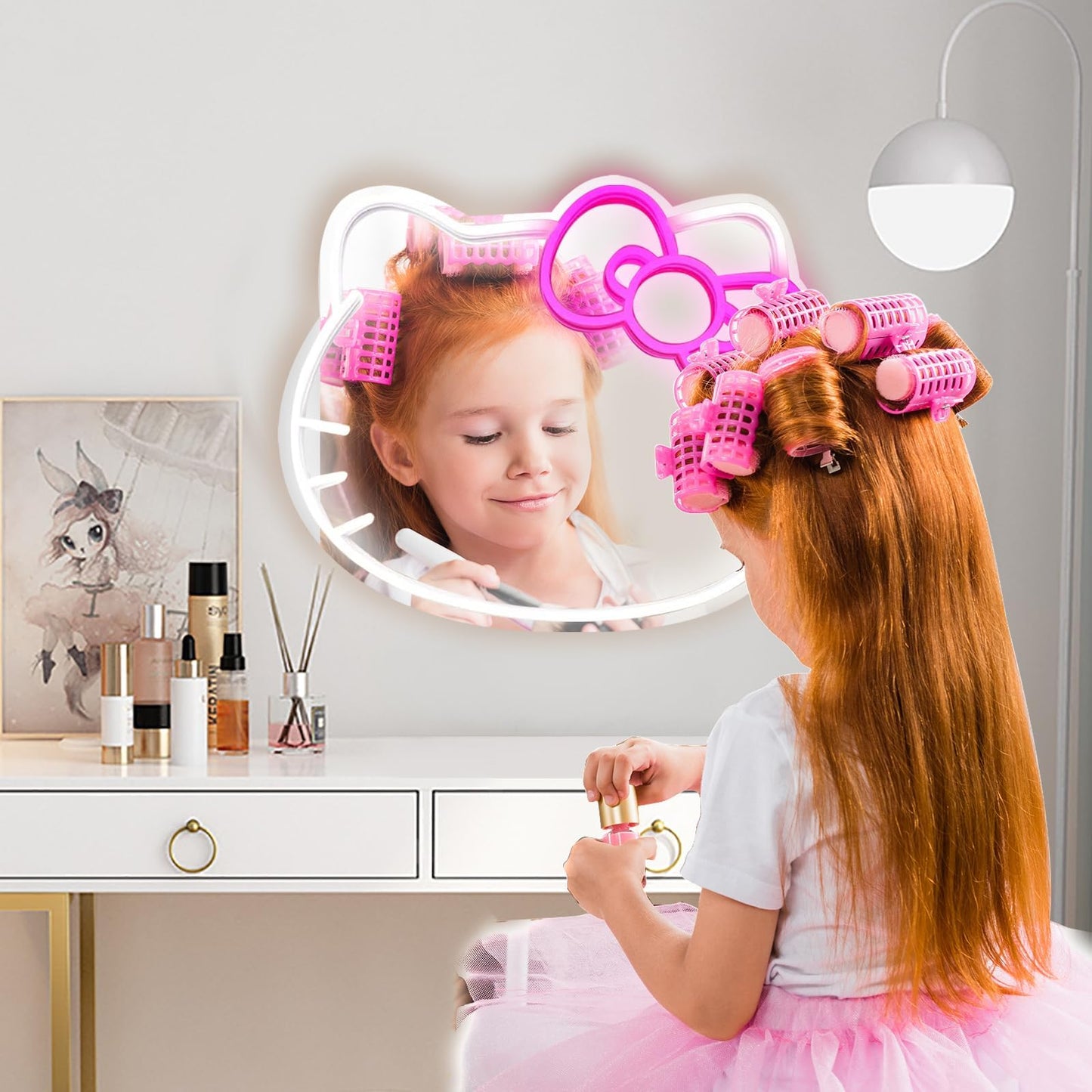 MCJSGSP Anime Hello Kit Mirror with Light Neon Signs for Wall Decor, Dimmable for Teen Girl Gift?Makeup Mirror neon Sign Room Decor (16.1 * 14 inch)