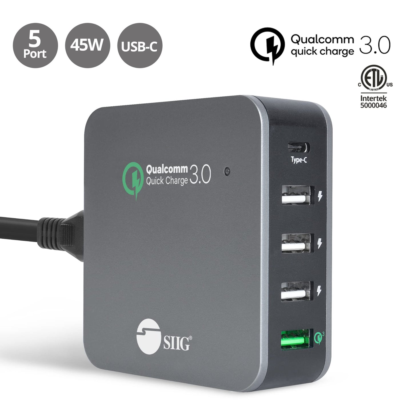 SIIG USB C Charger 5 Port 45W with Quick Charge 3.0, USB Type C & QC 3.0 Desktop Charging Station Plus Phone / Tablet Organizer Stand - Black