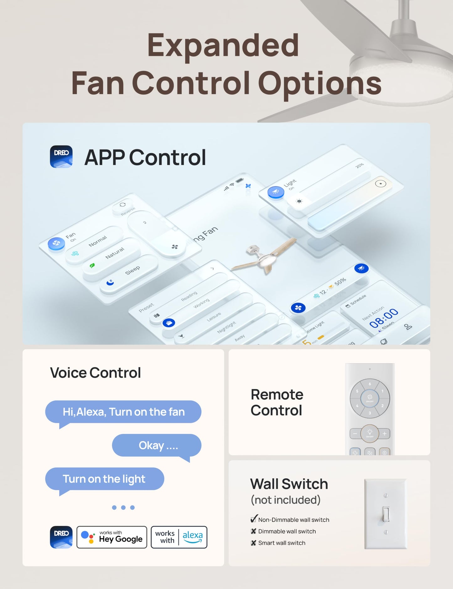 DREO Smart Ceiling Fans with Lights and Remote, 42 Inch Bedroom Ceiling Fan