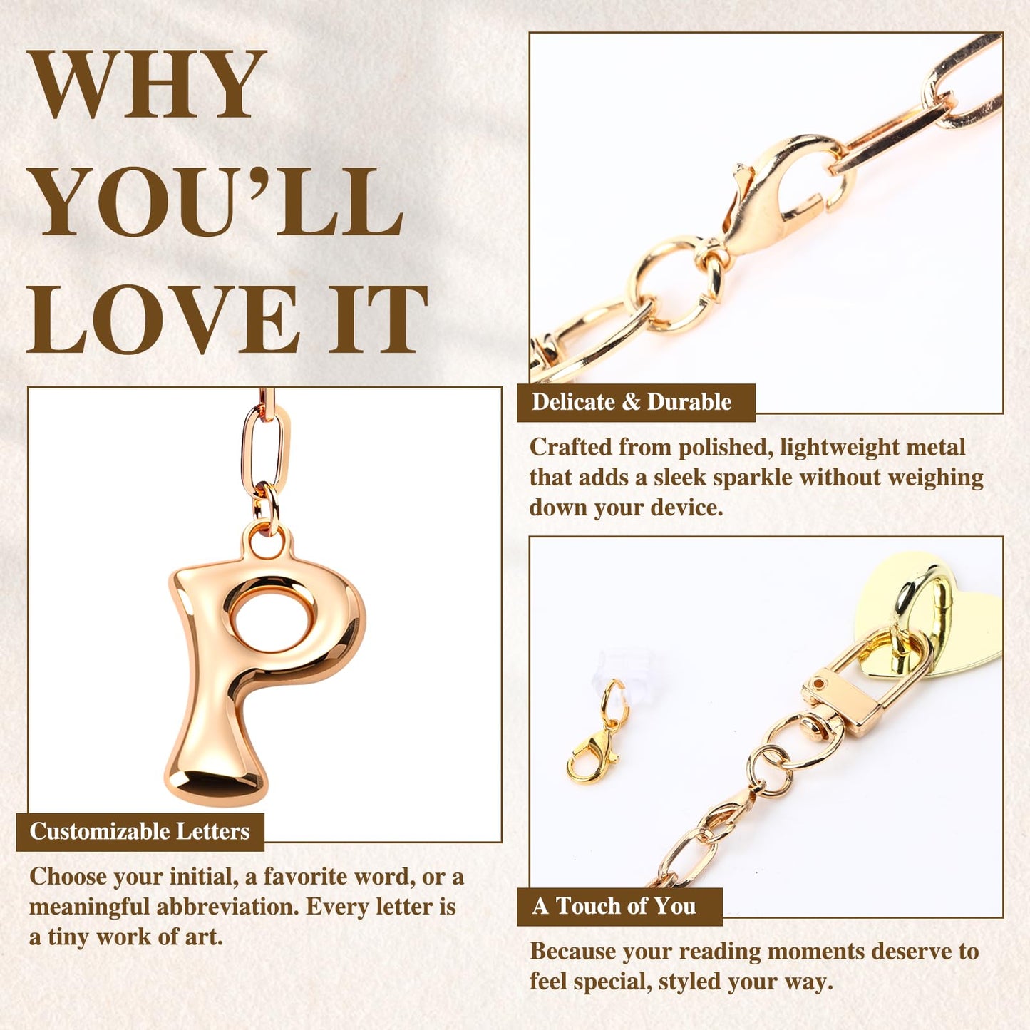 Kindle Dust Plug Charm & Chain, Alphabet Letter Charms with Removable Heart Hook, Type-C Charger Port Dust Plug Accessories Compatible with Kindle