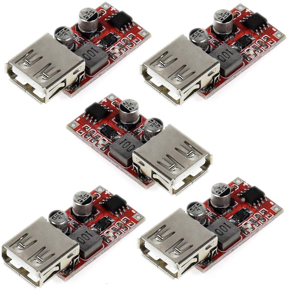 (5 Pack) JacobsParts 5pcs 15W USB 5V 3A DC Buck Voltage Step-Down Module 9V 12V 24V Input DIY Car Charger