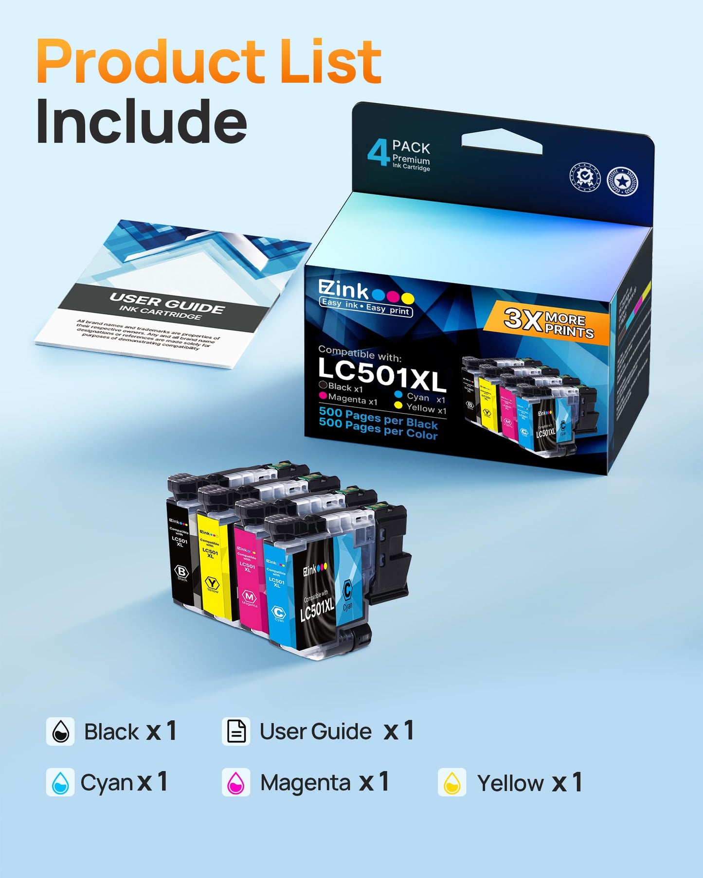 E-Z Ink LC501XL Ink Cartridges High Yield Compatible for Brother LC501XL LC501 Ink Cartridges LC501 XL use for Brother Printer MFC-J1360DW MFC-J1410DW