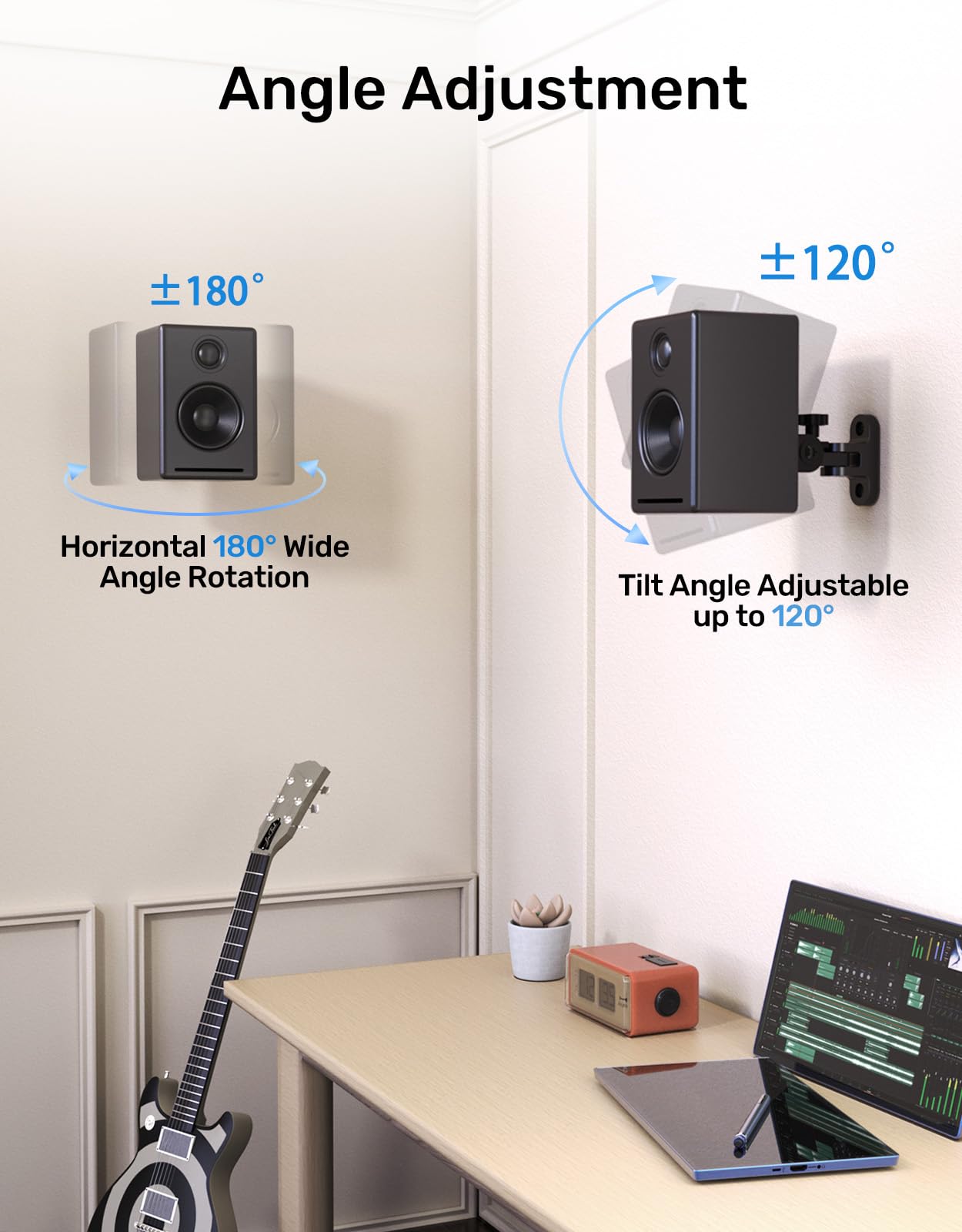 Speaker Wall Mounts, 2 Packs Universal Mounting Bracket for Small Bookshelf Speakers, Vertical 120°, Horizontal 180°Adjustment, Compatible with Bose