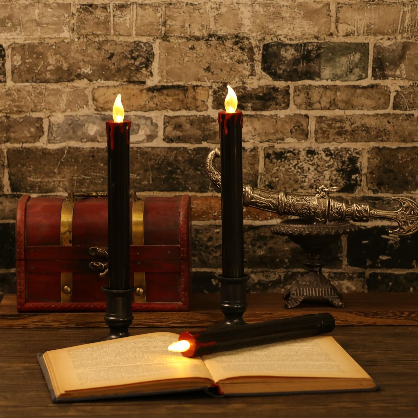 OWLBAY 6 Pack 9" H Christmas Black Flameless Taper Candles with Remote Timer, Bloody Battery Operated Flickering LED Candlestick with Removable Black
