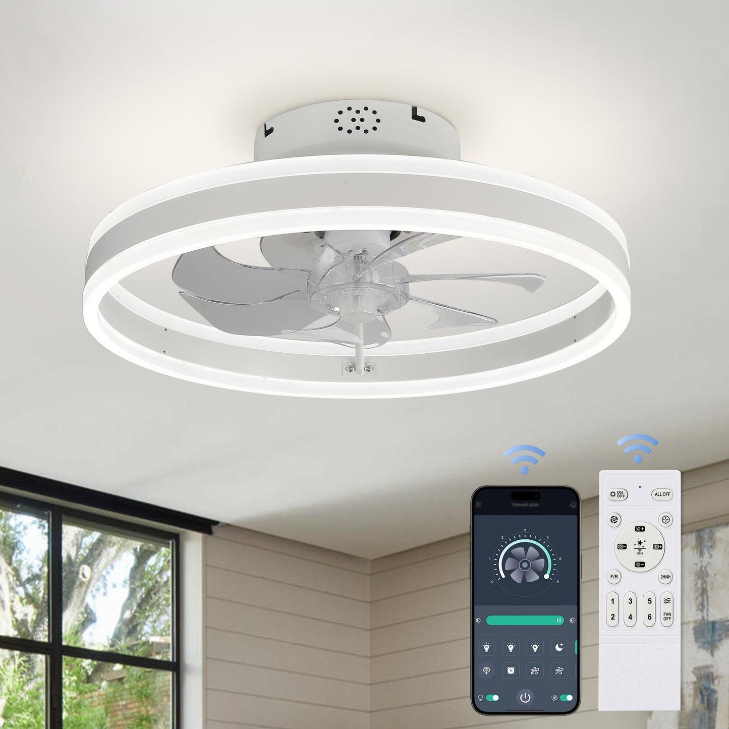 Oaks Aura 20 Inch Low Profile Ceiling Fans with Lights,Flush Mount Fandelier Ceiling Fan with 6 Wind Speeds, Dimmable,3 Colors,Modern Ceiling Fan