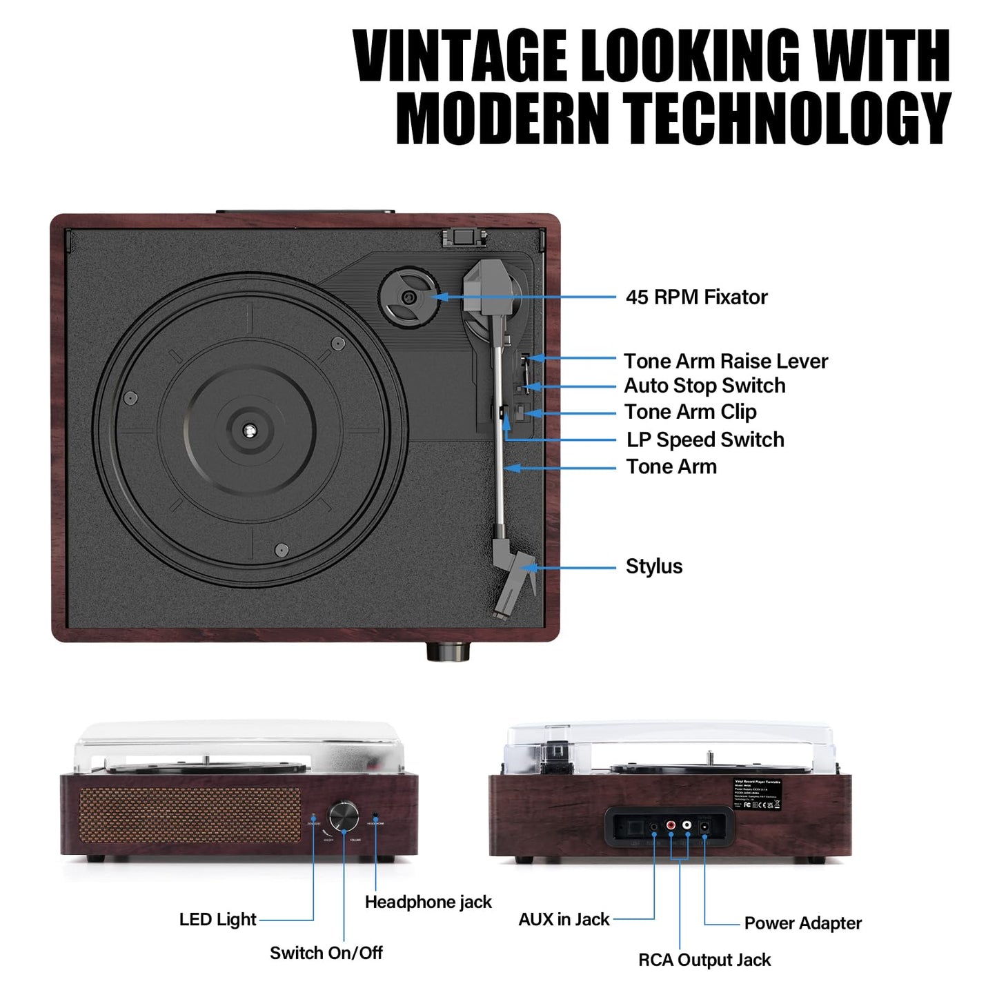 Vinyl Record Player Turntable with Built-in Bluetooth Receiver & 2 Stereo Speakers, 3 Speed 3 Size Portable Retro Record Player for Entertainment