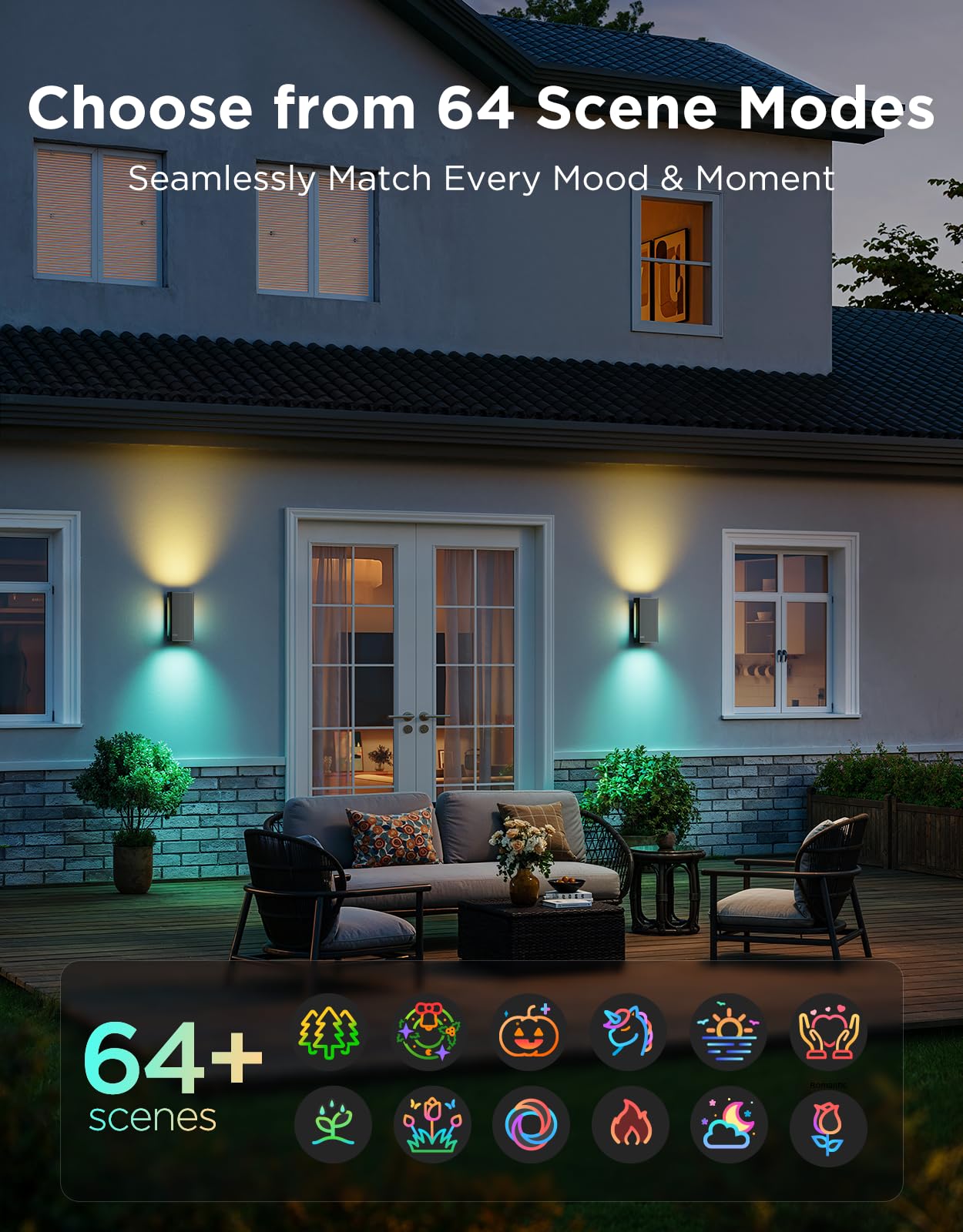 Govee Outdoor UpDown Wall Light, 2 Pack, 1200LM RGBICWW Smart Porch Lights Outdoor with 64 Scene Modes, IP66 Waterproof Wall Sconce for Outdoor Decor