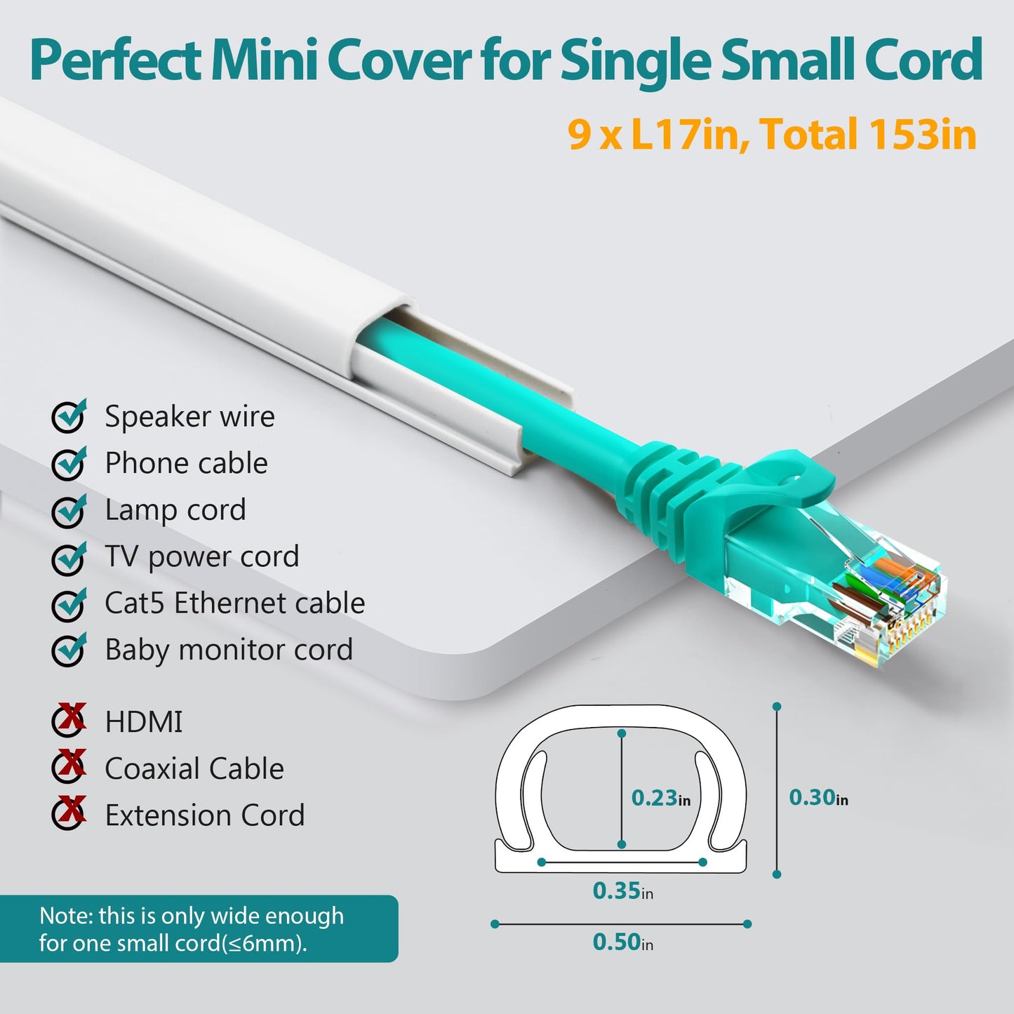 One Cord Cover Wall 153in(9X L17in), Mini Wire Hider, Self-Adhesive Wire Cover for Hiding Speaker Wire, Baby Monitor Cord - Paintable Wire Channel for