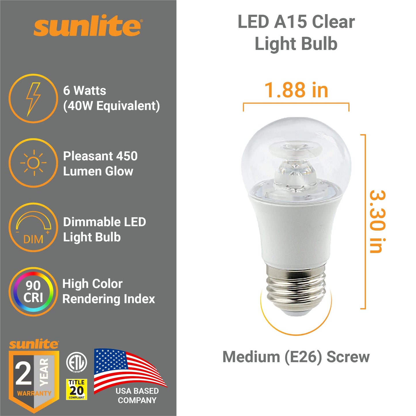Sunlite 80137 LED A15 Appliance Clear Light Bulb, 6 Watts (40W Equivalent), 450 Lumens, Medium Base (E26), 90 CRI, Dimmable, ETL Listed, Ceiling Fan