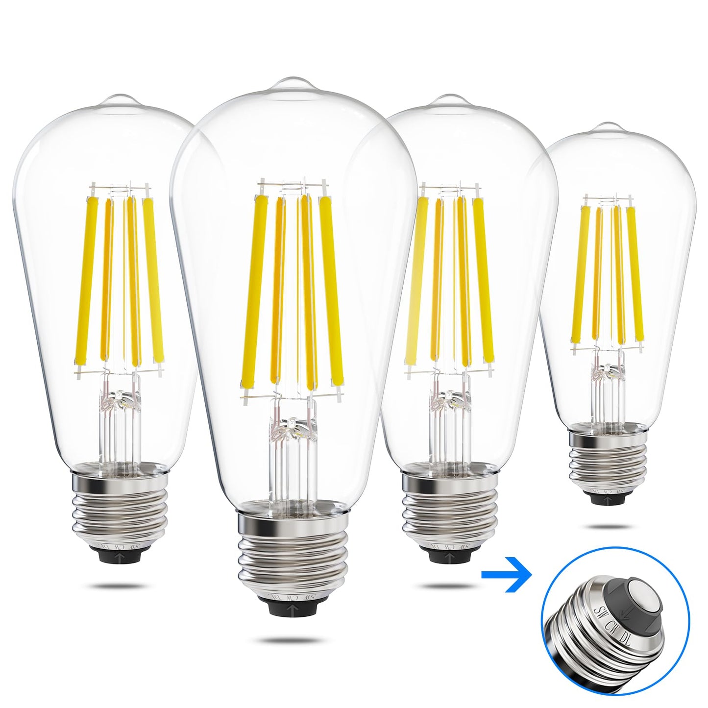 E ENERGETIC LIGHTING ST58/ST18, LED Filament Light Bulbs, 3CCT, 2700K/4000K/5000K,High Brightness, 7W, 60 W Equivalent,Classic Clear Glass, E26, 4