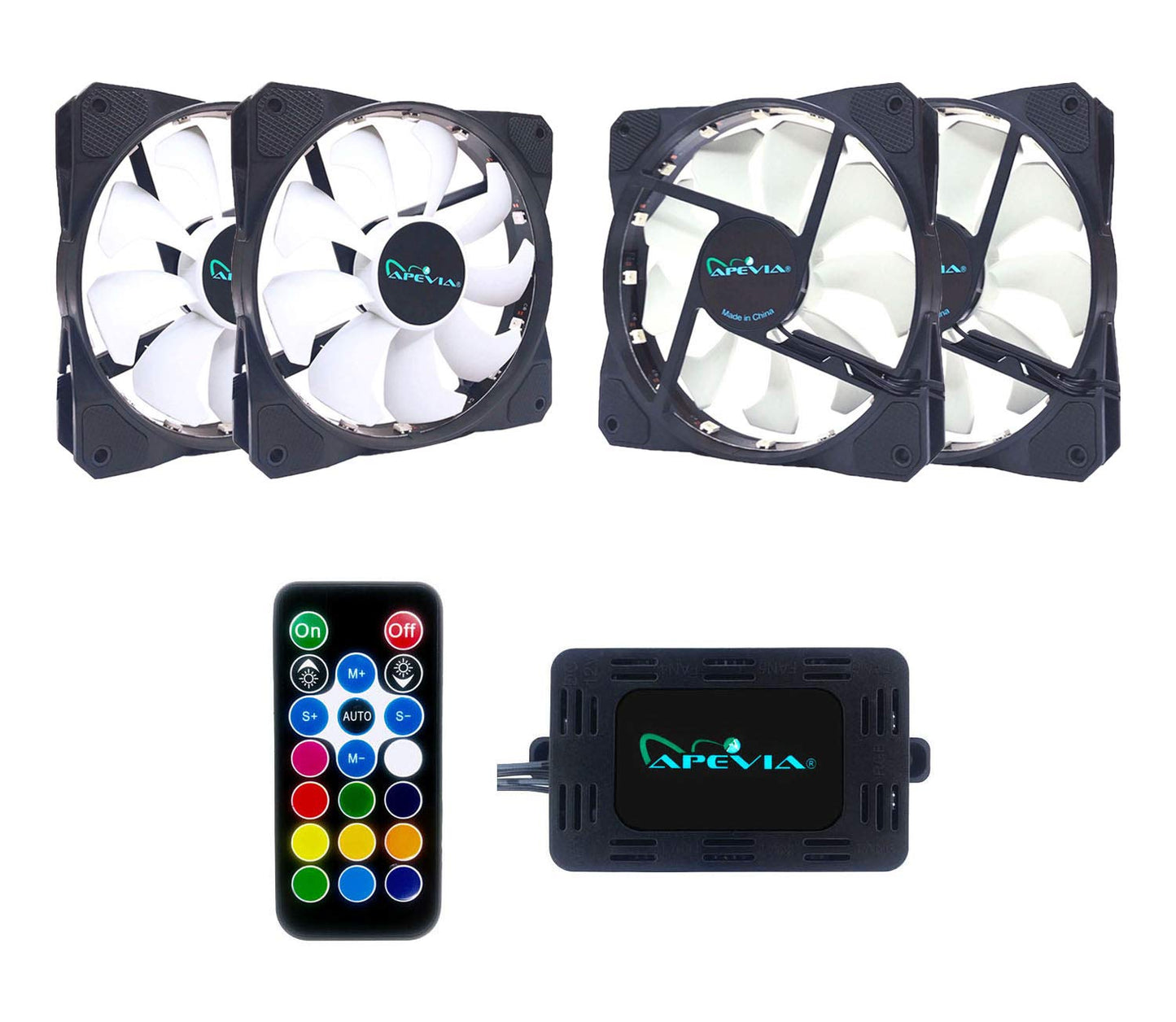 Apevia FB4-RGB Frostblade 120mm Silent RGB Color Changing LED Fan for Gaming with Remote Control, 16x LEDs & 8X Anti-Vibration Rubber Pads (4-pk)