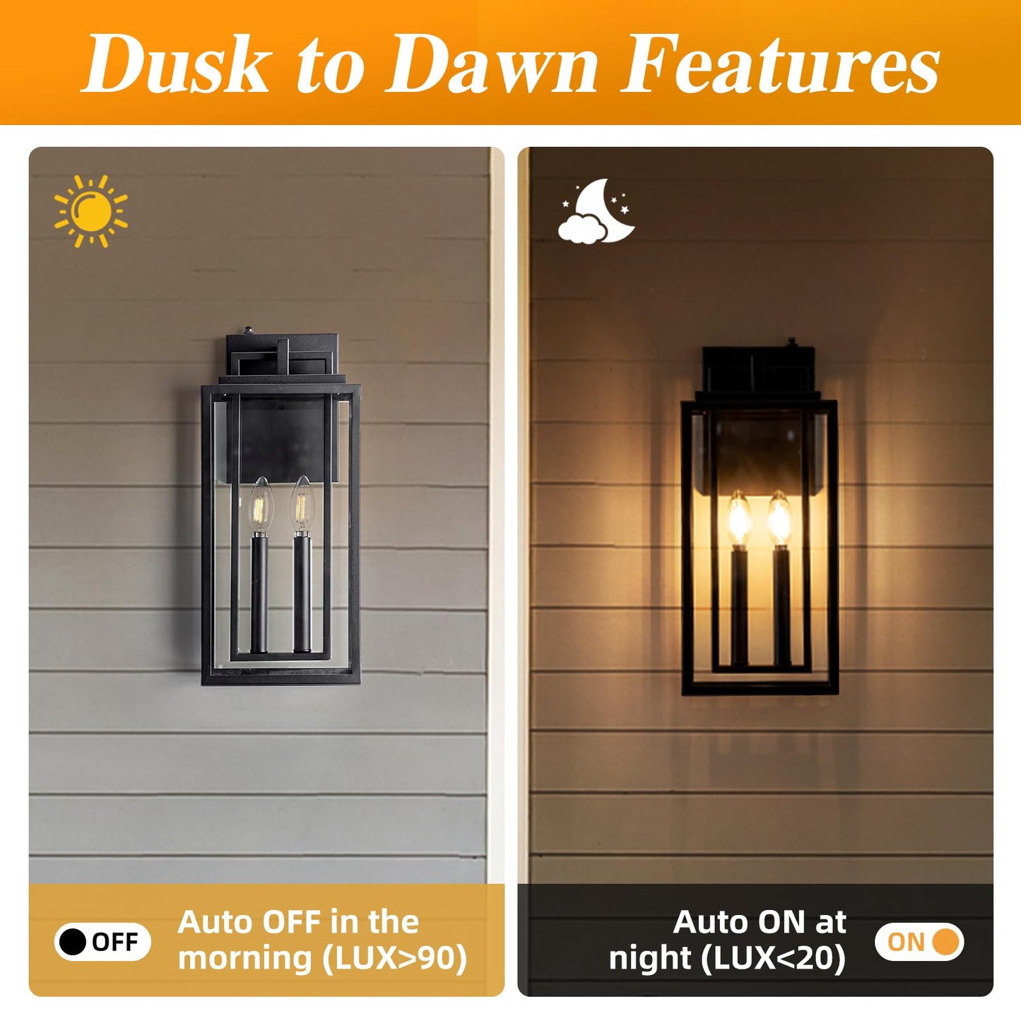 SAYTOP Dusk to Dawn Outdoor Wall Sconce Waterproof Wall Lantern 2-Lights, 20" Large Outside Modern Wall Mount Light, Exterior Matte Black Porch Light