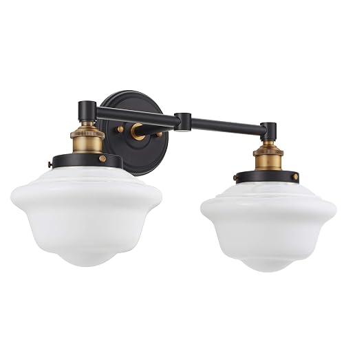Linea di Liara Lavagna Farmhouse Matte Black Bathroom Light Fixtures Over Mirror Black and Gold 2-Light Bathroom Vanity Light Fixture Milk Glass