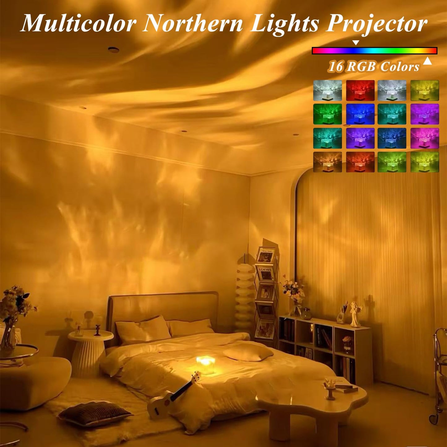 Northern Lights Projector Touch,16 Colors Changing Light Dimmable Mood Lighting, Cube Aurora Glow Lamps with Dynamic Ripple Effect, Remote Galaxy