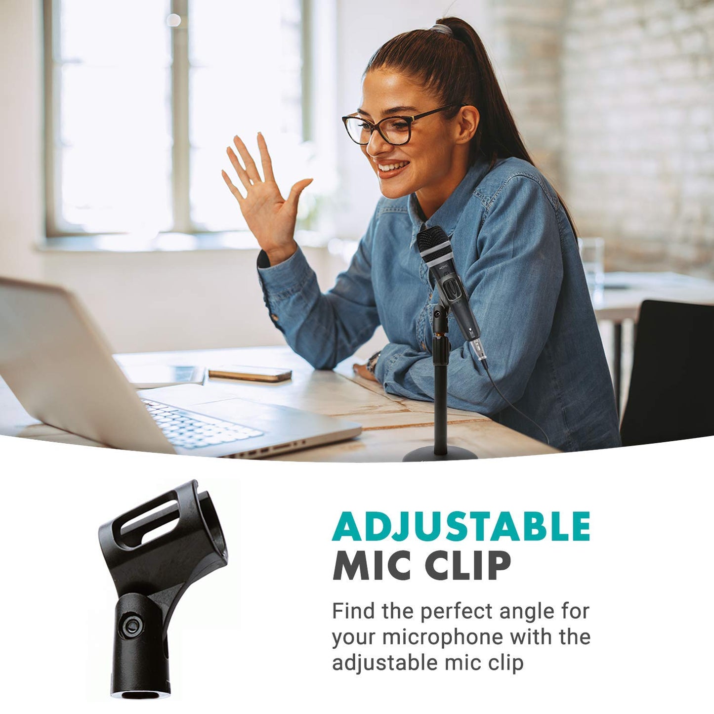 Movo TMC-3 Small Adjustable Table Mic Stand with Round Base and Universal Mic Clip. Table Top Mic Stand Height is Adjustable with Weighted Base Sits
