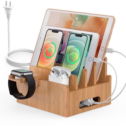 Pezin & Hulin Bamboo Charging Station for Multiple Devices with 5 Port USB Charger,5Cables,Smart Watch&Earbuds Stand, Desk Docking Stations Electronic