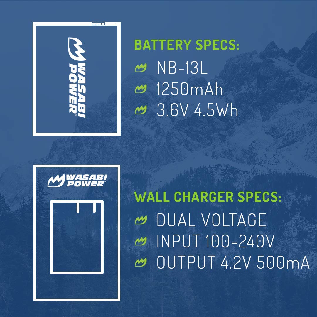 Wasabi Power NB-13L Battery (2-Pack) and Charger for Canon PowerShot G1 X Mark III, G5 X, G5 X Mark II, G7 X, G7 X Mark II, G7 X Mark III, G9 X, G9 X