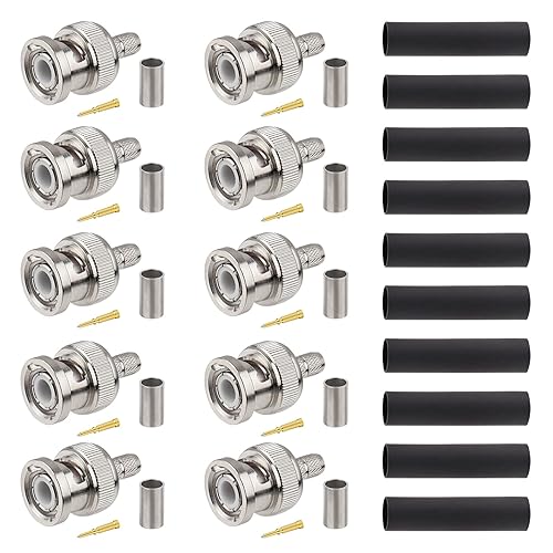 XRDS -RF RG58 BNC Connectors 10PCS - BNC Male Crimp Connector Compatible with RG58, LMR195, RG400, RG142, 3D-FB Coax Cables for RF, Video