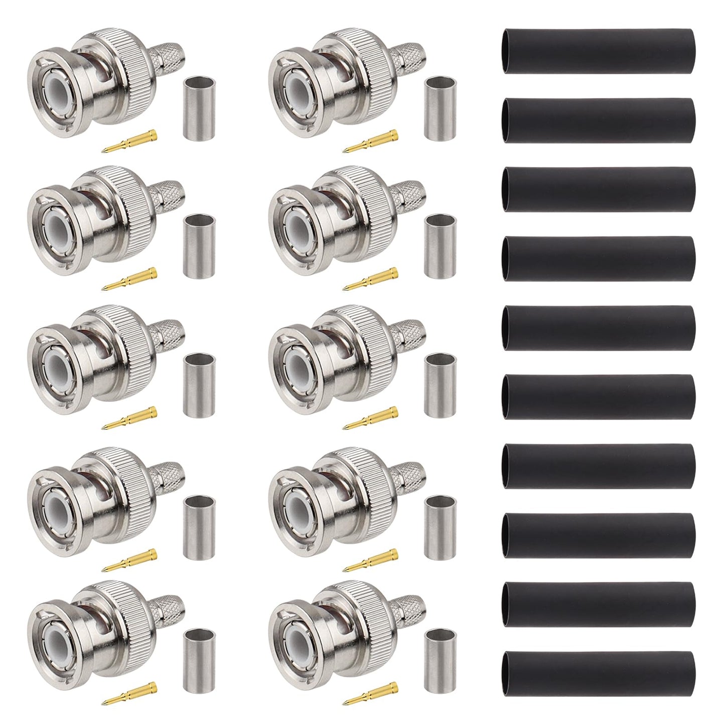 XRDS -RF RG58 BNC Connectors 10PCS - BNC Male Crimp Connector Compatible with RG58, LMR195, RG400, RG142, 3D-FB Coax Cables for RF, Video