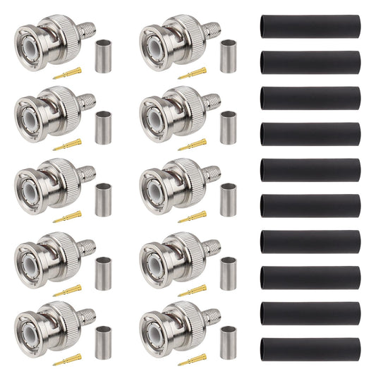 XRDS -RF RG58 BNC Connectors 10PCS - BNC Male Crimp Connector Compatible with RG58, LMR195, RG400, RG142, 3D-FB Coax Cables for RF, Video