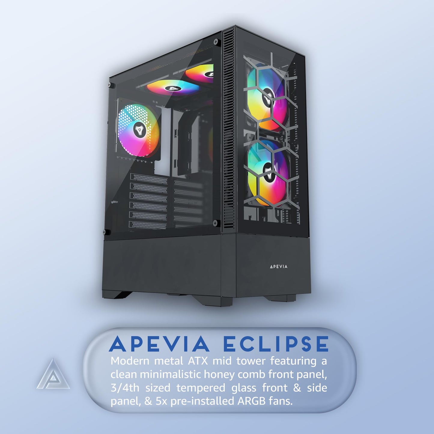 Apevia Eclipse-BK Eclipse Mid Tower Gaming PC Case w/ 5X 120mm ARGB Fans, 366 RGB Light Modes, Minimalistic Honeycomb Design, Tempered Glass Front &