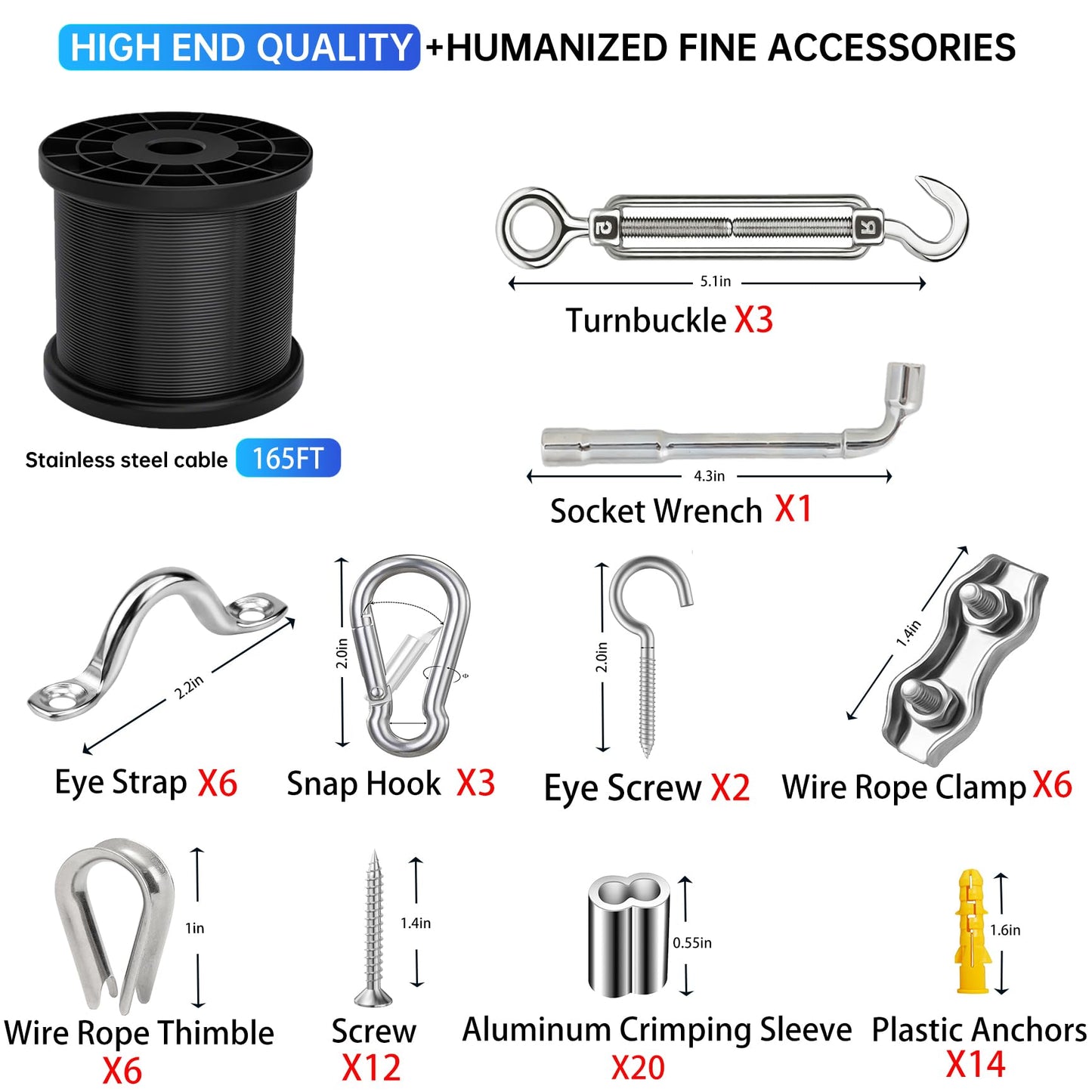 Yawuztu String Light Hanging Kit, 164 Feet Black 304 Stainless Steel Cable with Turnbuckle, Thimble & Hooks for Outdoor, Patio, Garden, Christmas