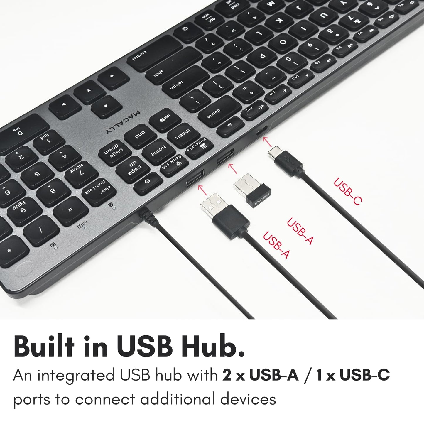 Macally Wired Keyboard for Mac with USB Hub (2X USB-A / 1x USB-C) - Compatible Backlit Apple Keyboard with Dual Interface - Auto OS Detection for Mac