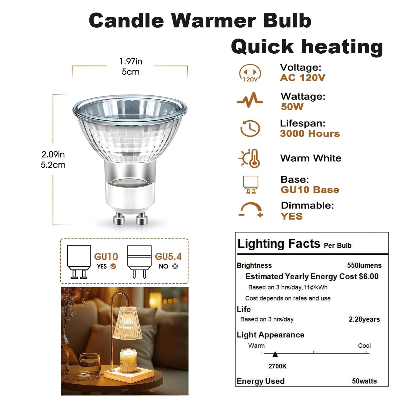 RYVOSTH GU10 Halogen Bulb, 120V 50W Halogen Light Bulbs with Glass Cover for Candle Warmer, MR16 GU10+C 2700K Warm White Dimmable Recessed Track
