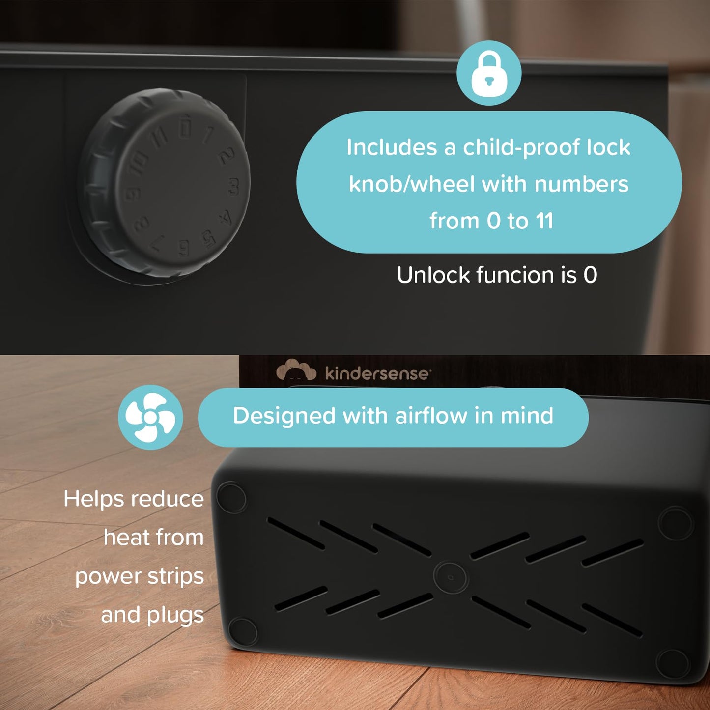 KinderSense® Cable Management Box - Cord Organizer with Child Proof Lock - Cord Hider to Conceal Wires,Power Strips from TV,Computer,Desk and Babies