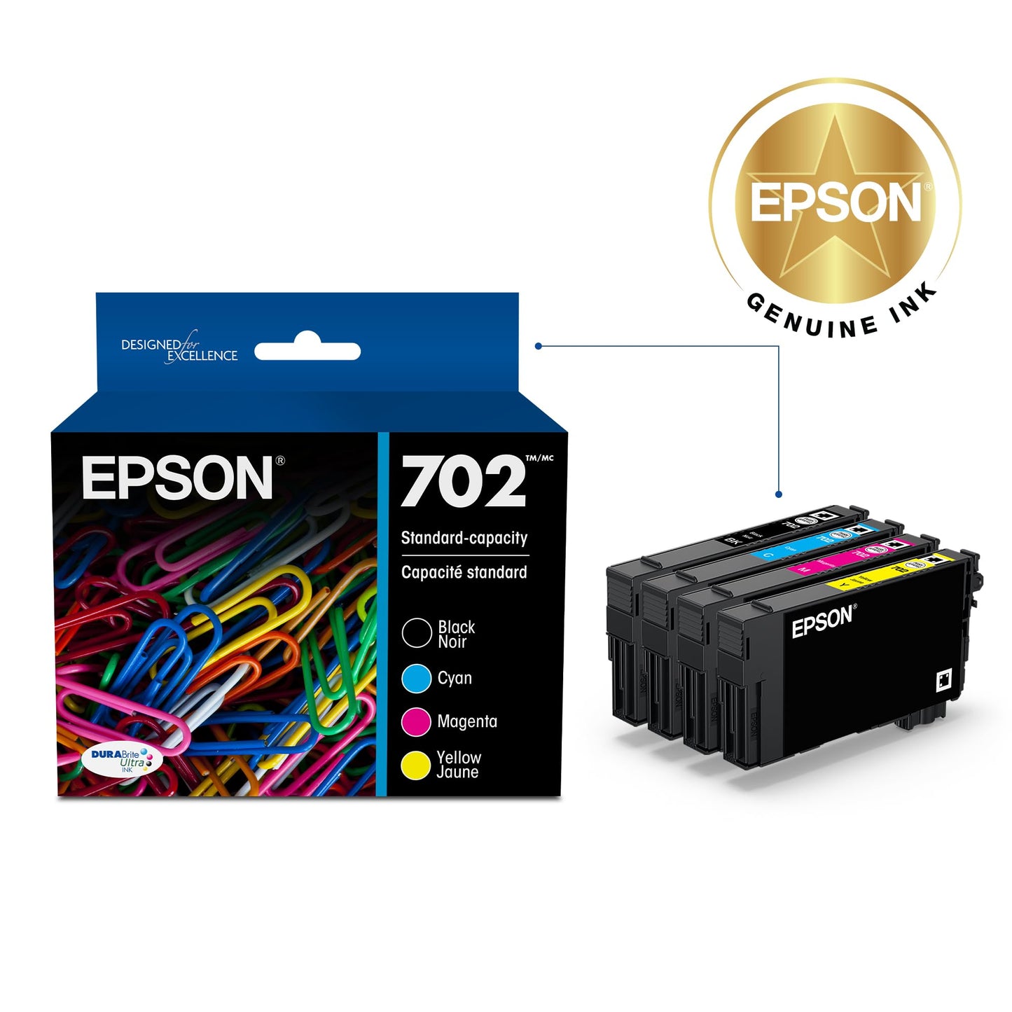 EPSON 702 DURABrite Ultra Ink Standard Capacity Black & Color Cartridge Combo Pack (T702120-BCS) Works with WorkForce Pro WF-3720, 3730, 3733