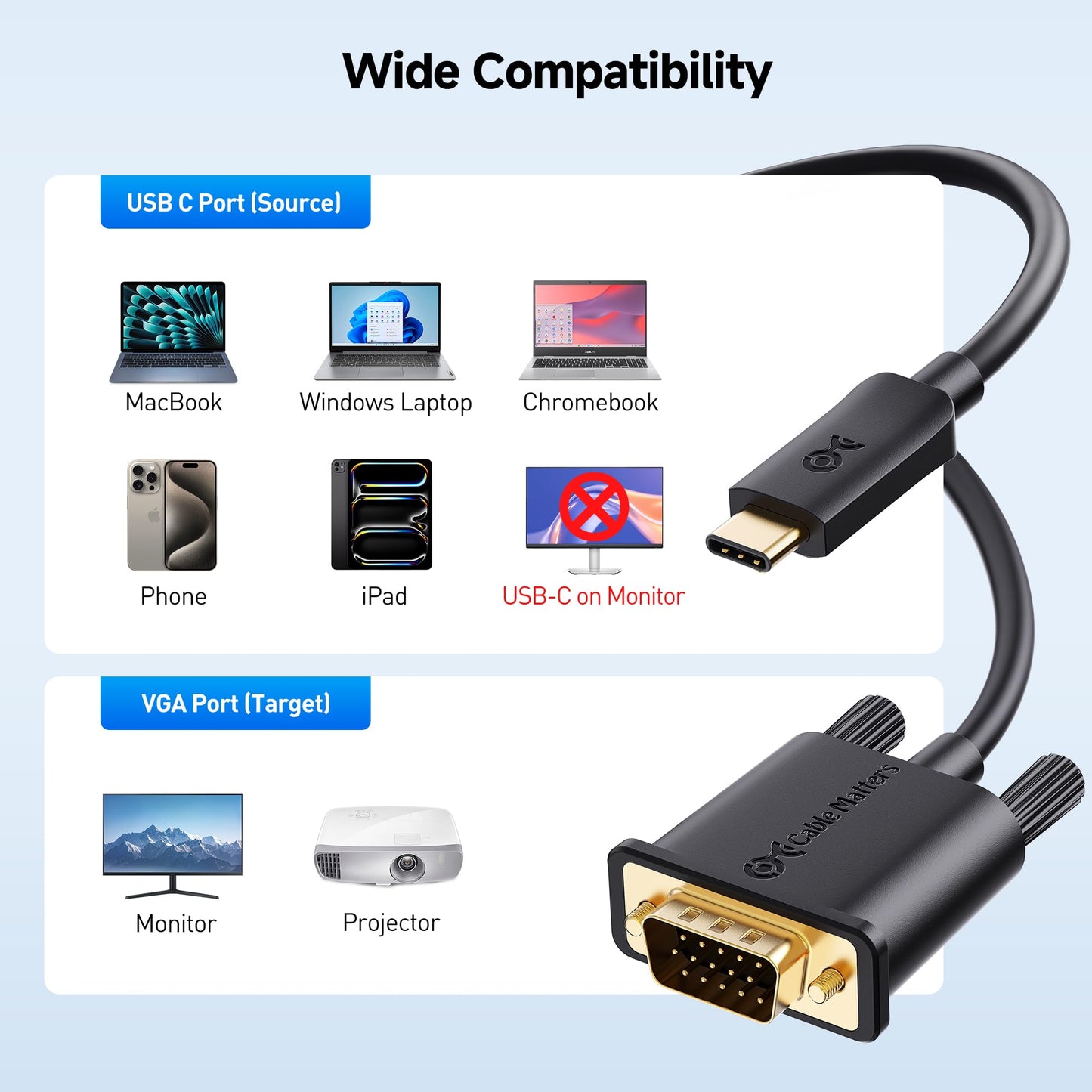 Cable Matters USB C to VGA Cable (USB-C to VGA Cable) 6 ft - Thunderbolt 4 / USB4 / Thunderbolt 3 Port Compatible with MacBook Pro, Dell XPS 13, 15