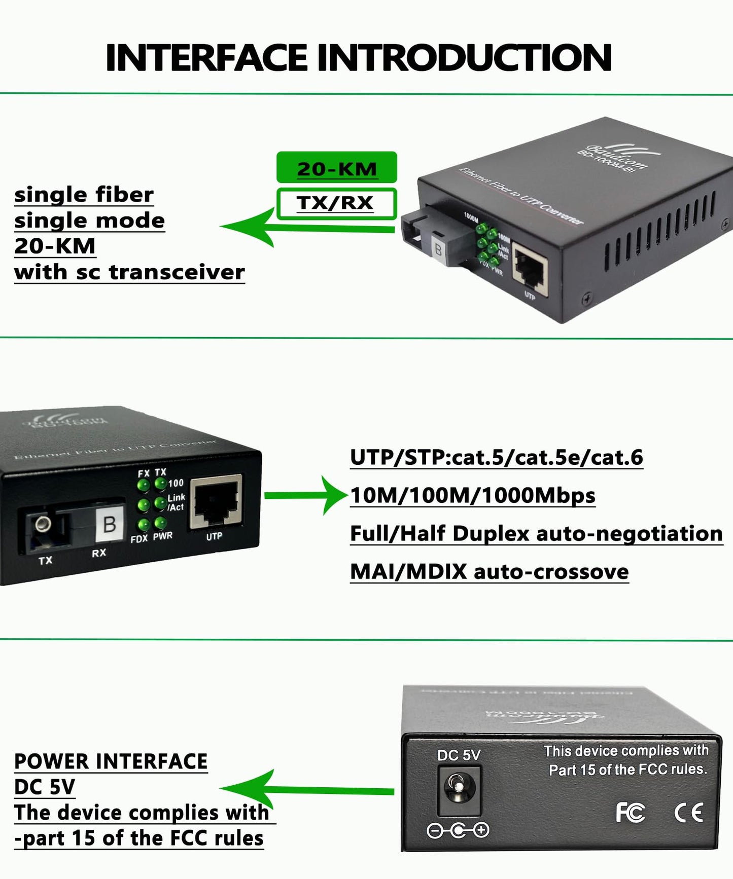 BAUDCOM Gigabit Ethernet Fiber Media Converter 10/100/1000M, SC Single Transceiver, 20KM Single Mode, RJ45 to 1000Base-LX, BIDI 20KM
