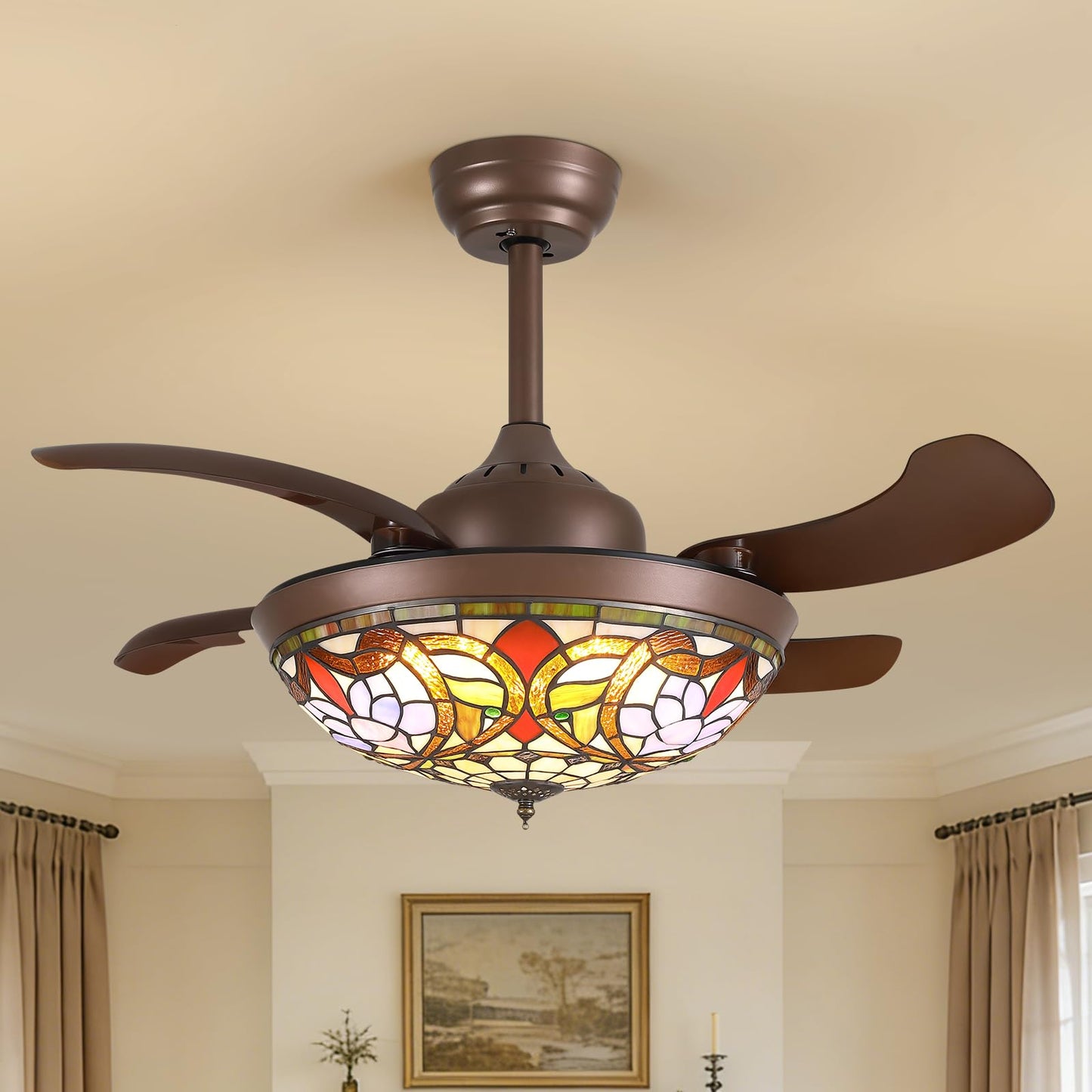 Siljoy 36 inch Tiffany Stained Glass Ceiling Fan,Retro Chandelier Fan with Glass Shade, Farmhouse Invisible Retractable Ceiling Fan with Lights