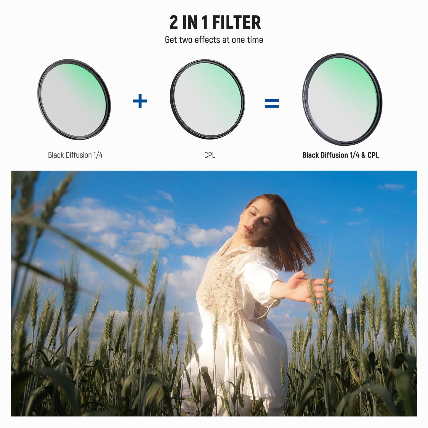 NEEWER 2 in 1 CPL + Black Diffusion 1/4 Filter, Circular Polarizing Glare Reduction Soft Dreamy Cinematic Camera Lens Effect Filter with Slim Aluminum