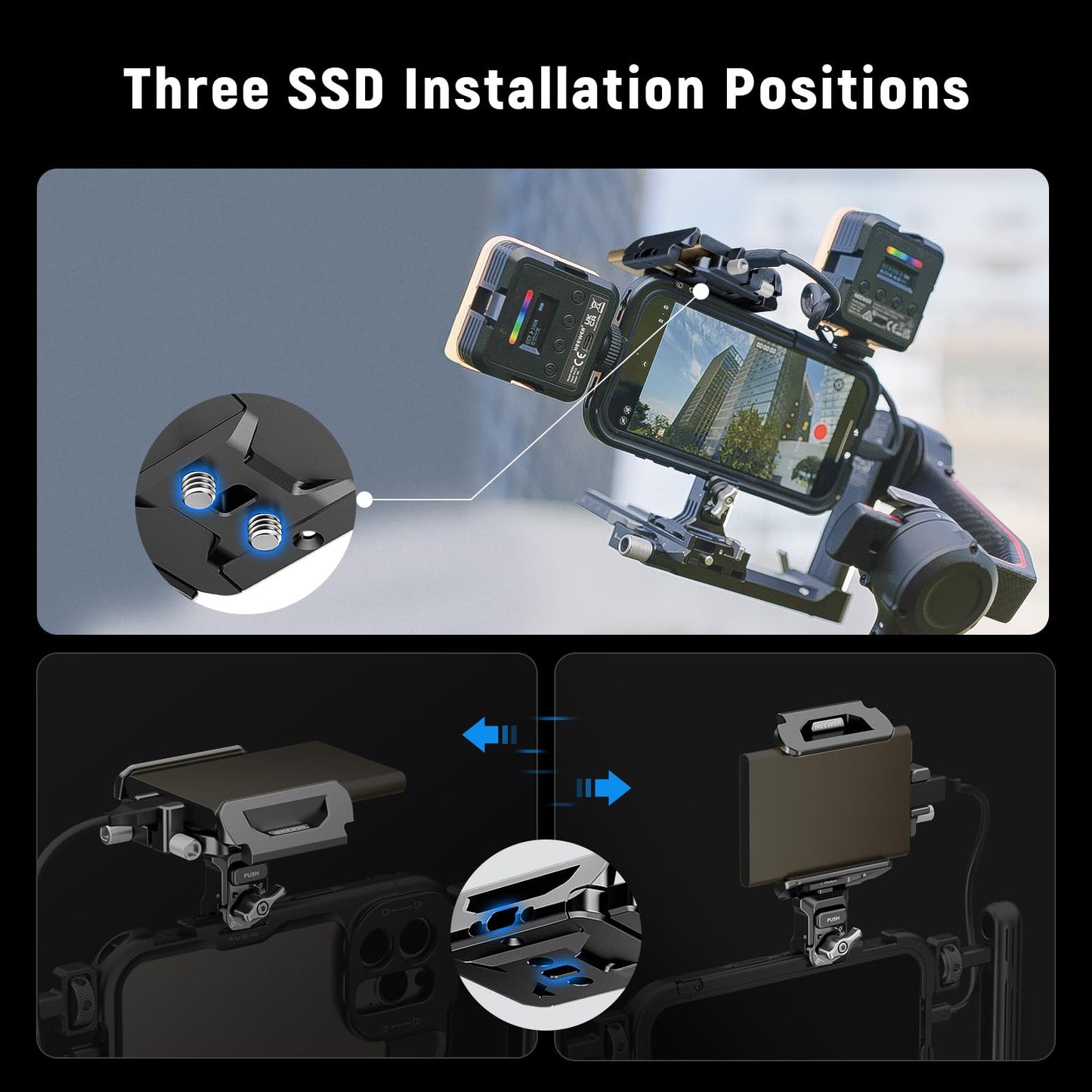 Neewer SSD Holder 40-65mm Quick Release SSD Bracket Mount with Cable Clamp Compatible with SmallRig Phone Cage for 16 Pro Max 15 Pro Max Samsung S24