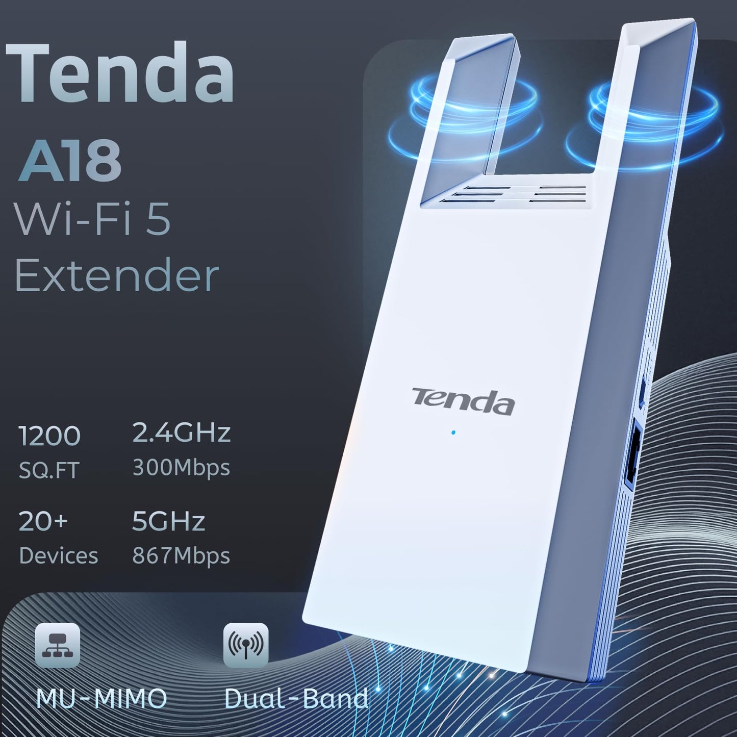 Tenda WiFi Range Extender AC1200, Dual-Band867Mbps 5GHz/300Mbps 2.4GHz, WiFi Booster Suitable for Every House, One Ethernet Port(A18 V4.0)