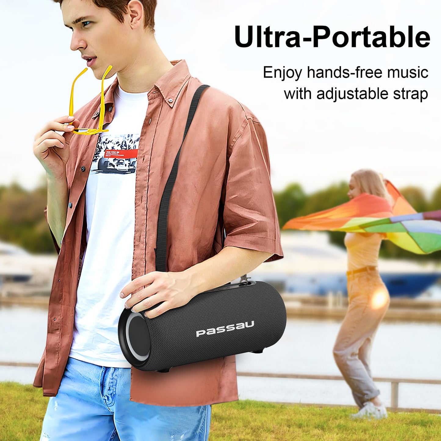Passau Portable Bluetooth Speakers Loud 40W Peak Stereo Sound, Passive Radiators-Deep Bass, All Day Playtime, Adjustable Strap, BT5.3, IPX5 Wireless