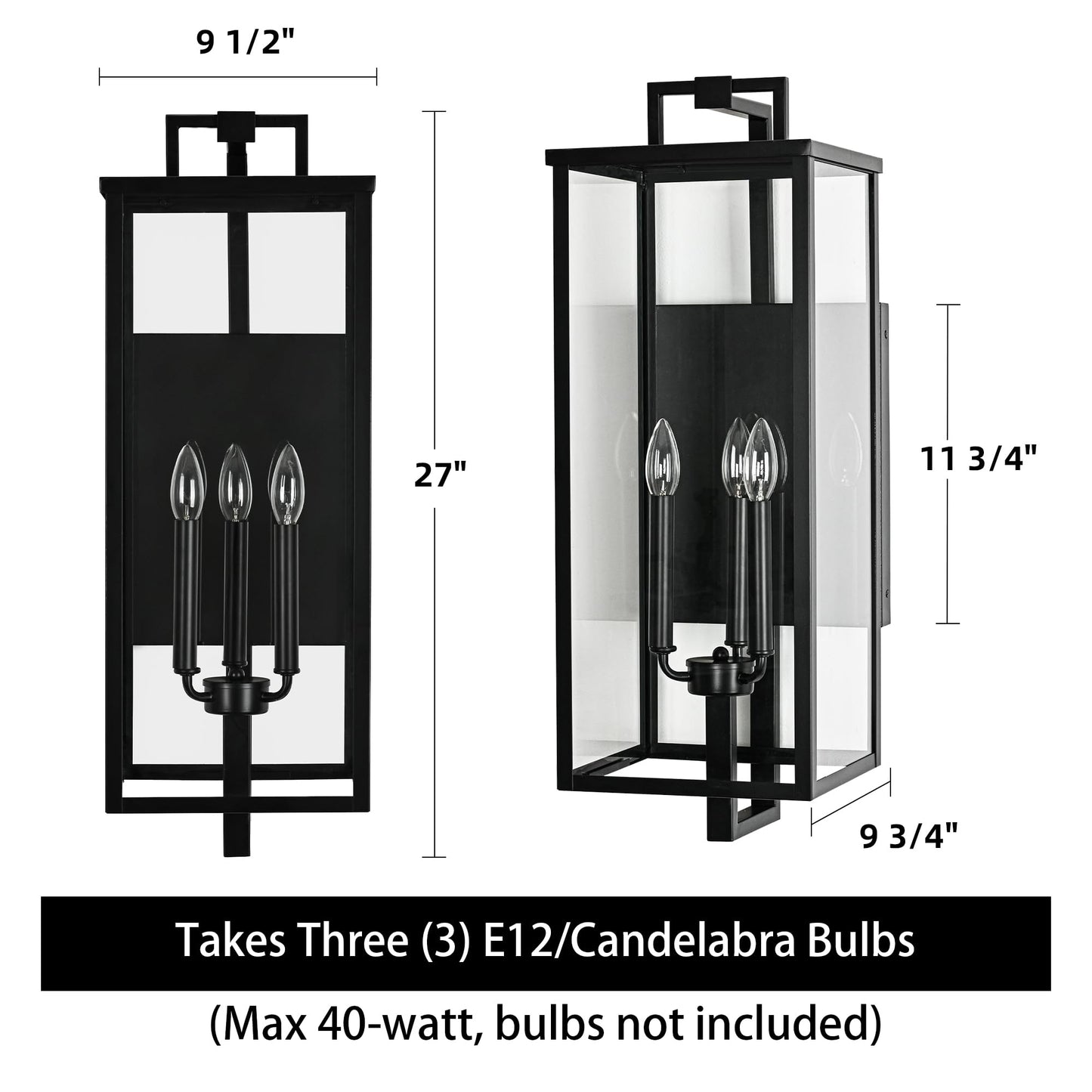 Edvivi Outdoor Wall Light Fixture, 27 in. H Large Exterior Lighting Fixtures with Clear Glass, 3-Light Matte Black Porch Lights Outdoor Wall Sconces