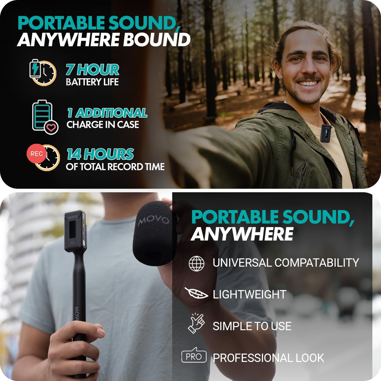 Movo WMX-2-DUO Dual Microphone Compact Wireless System with Handheld Extension Mounts - Mini Wireless Lavalier Microphones for Cameras with Mic