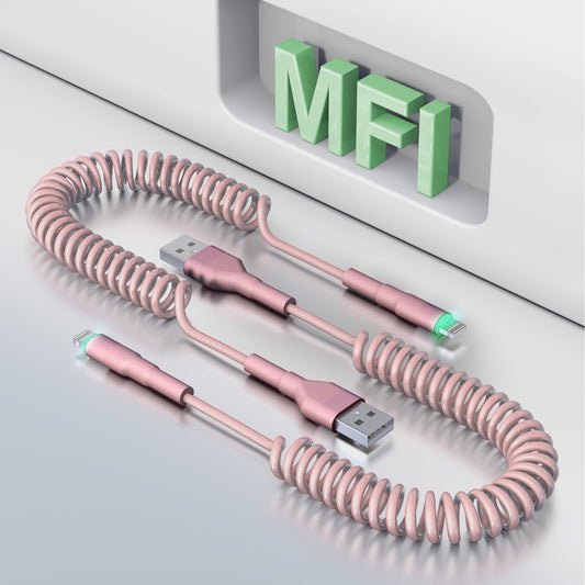Coiled USB to Lightning Cable [MFi Certified], Apple Carplay Charger Cable for Car Data Sync, Coiled iPhone Car Charger iPhone Cable Pink, 2 Pack