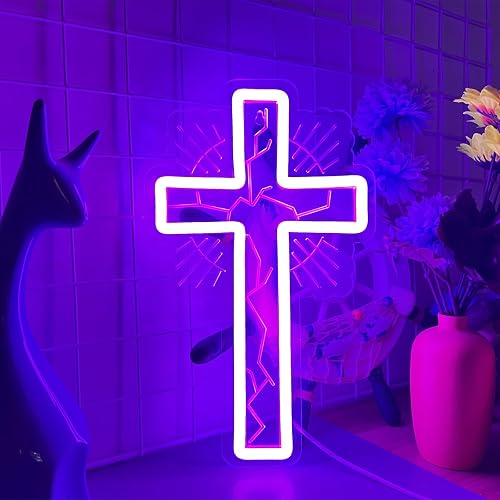 Purple Cross Neon Light LED Sign for Wall Decor - Christian Religious Art for Bedroom, Church, Prayer Room - Acrylic Neon Lamp for Baptism, Easter