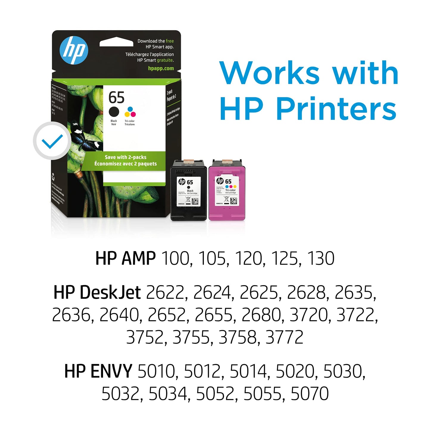 HP 65 Black/Tri-Color Ink Cartridges (2-Pack) | Works with AMP 100, DeskJet 2600, 3700, Envy 5000 | Eligible for Instant Ink | T0A36AN