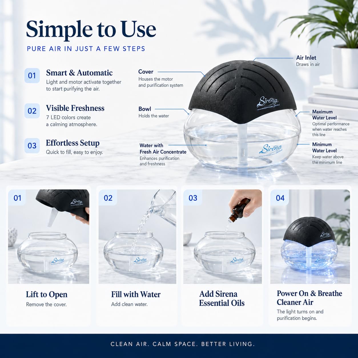 Sirena Twister Air Purifier (Black) - Water Filter Air Washer For Home and Office - Essential Oil Aroma Diffuser With LED Night light - Small Air