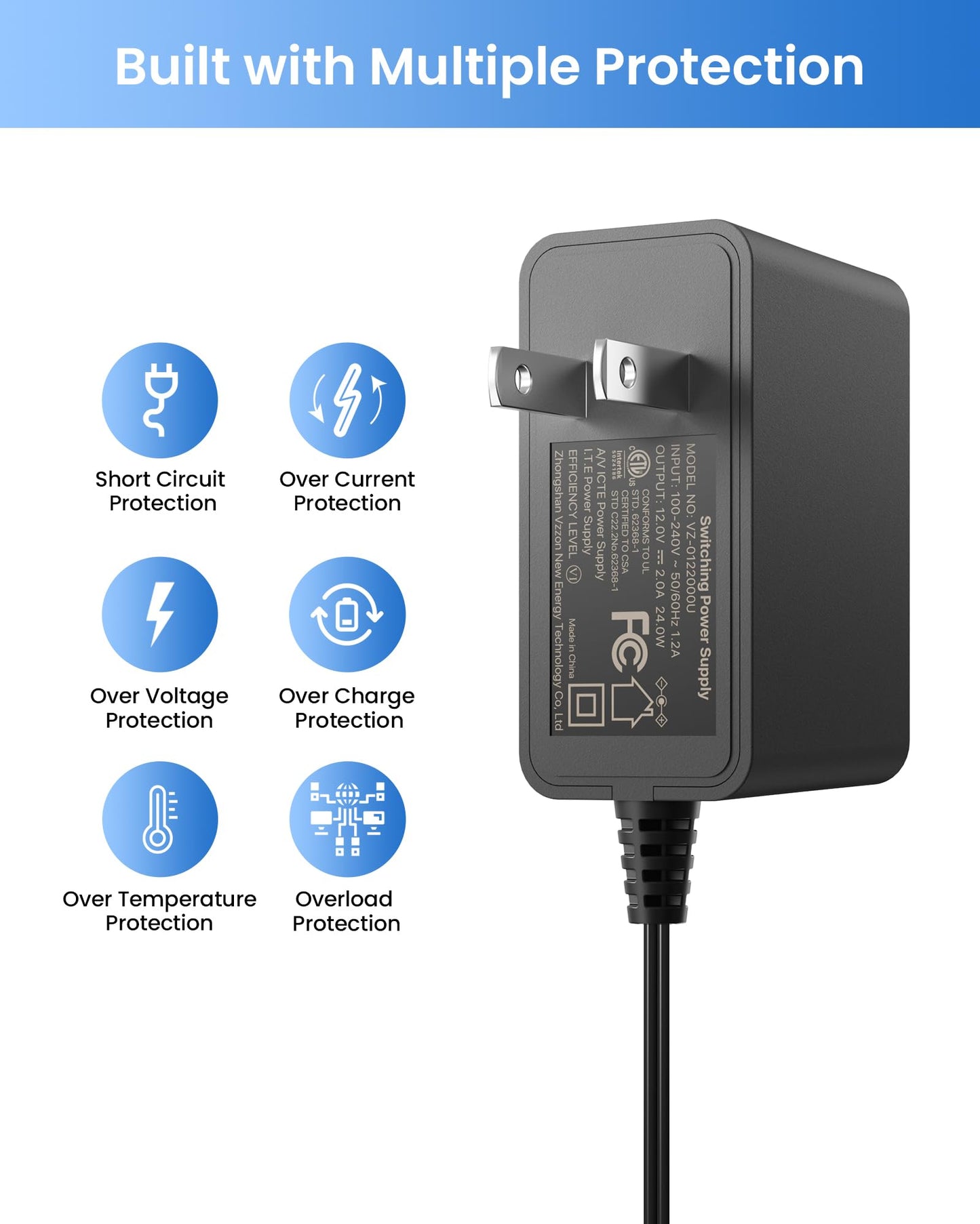 ZOSI 12V 2A 100V-240V US AC to DC Power Supply Adapter & 4-Way Power Splitter Cable for CCTV Home Security Camera Surveillance System