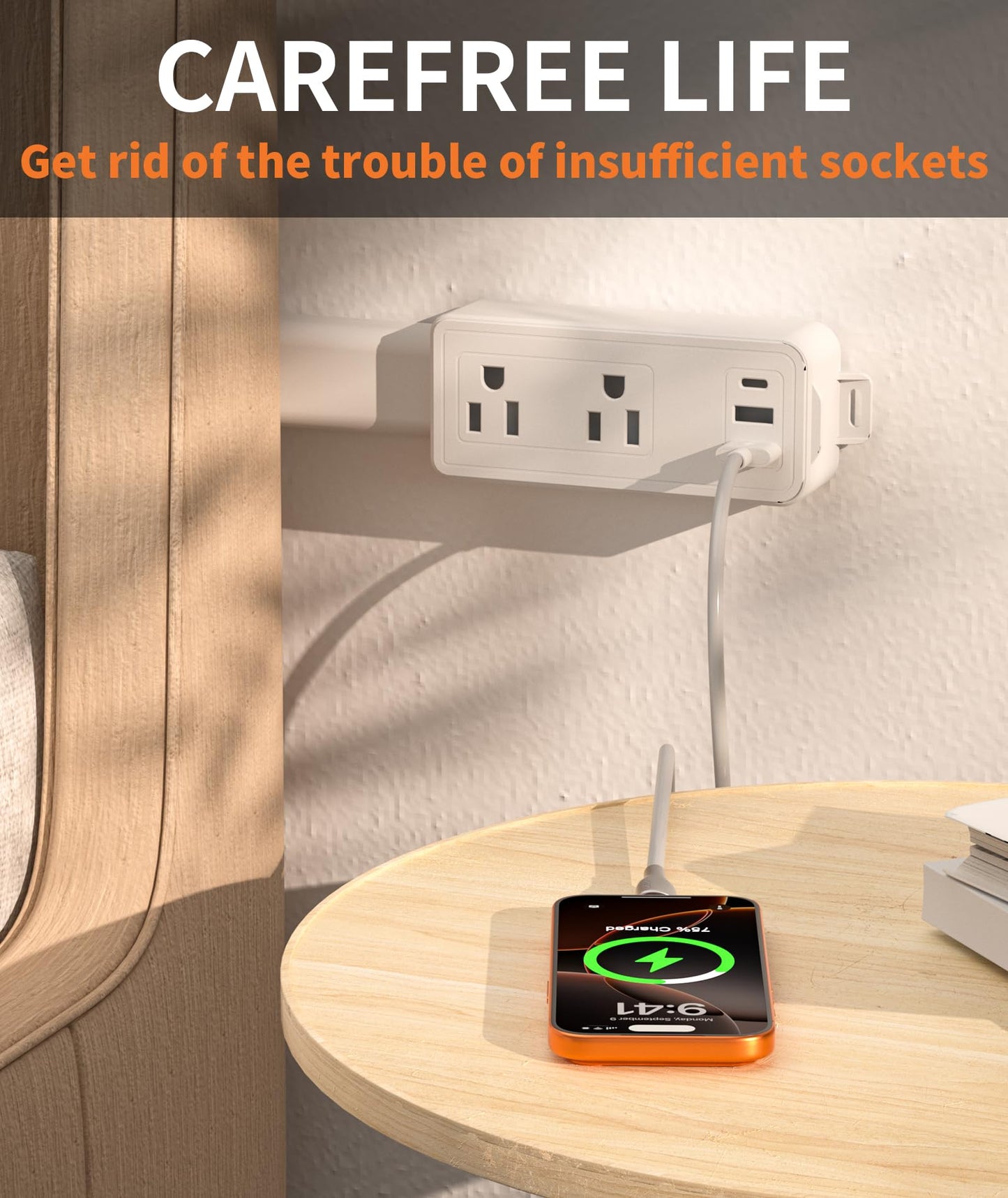 Electrical Outlet Extender Stick Features 2 USB-A, USB-C and 2 AC Outlets, Extendable 6", 15.3", 24.5", 34", for Hard to Reach Spaces Use Behind